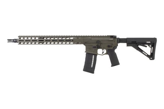 OD Green Radian Weapons Model 1 .223 Wylde 16 inch AR 15 features an ambidextrous charging handle and ambi lower